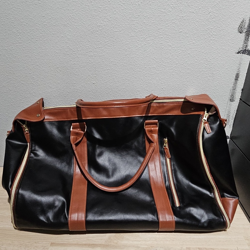 Large Fold-Out Travel Garment Bag Faux Leather Tote Bag Black Brown Shoulder